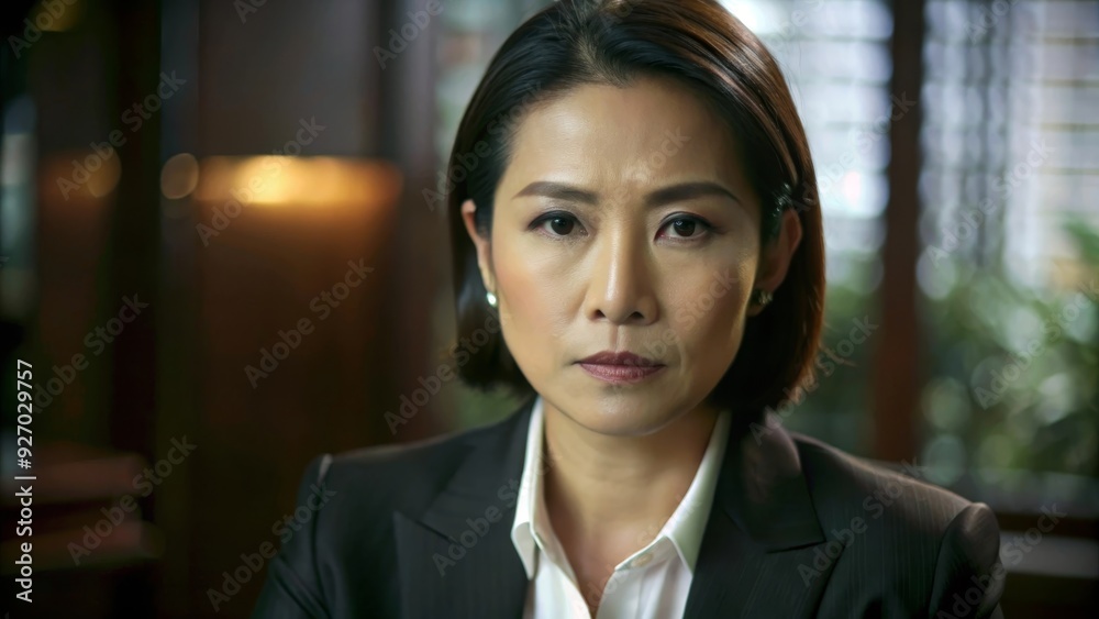 Fototapeta premium A confident Asian businesswoman with short dark hair, wearing a black blazer and a white shirt, staring intensely at the camera, symbolizing professionalism, leadership, determination, success, and au