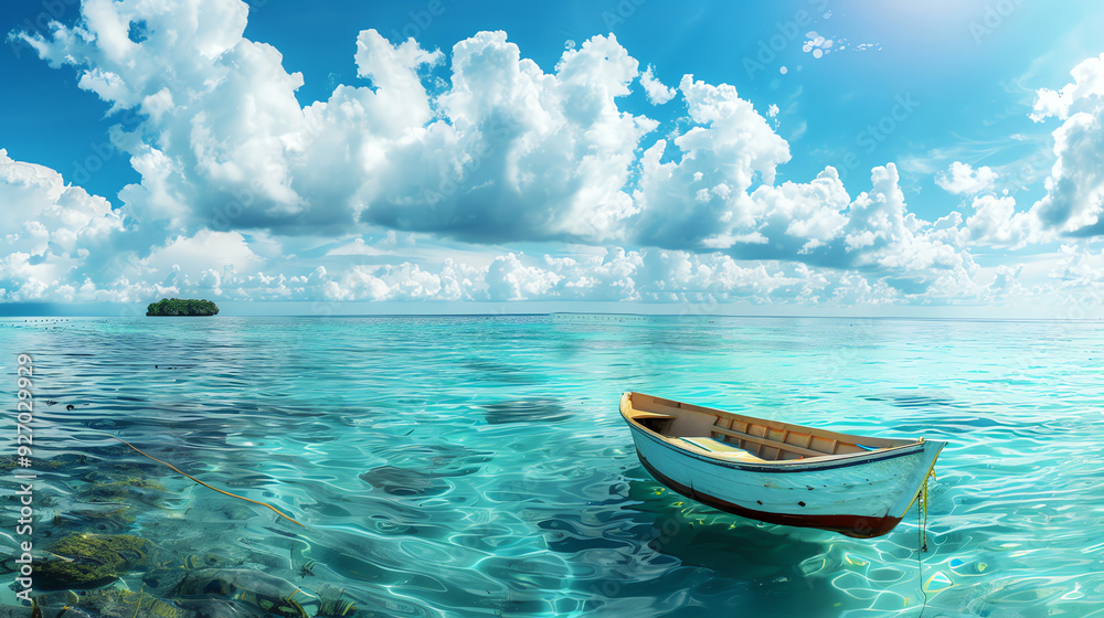 a small, green island with a white boat in clear, turquoise water a small, green island with a white boat in clear, turquoise water