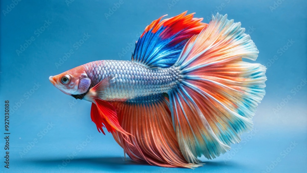 Fototapeta premium A colorful Betta fish with flowing fins swims gracefully in a blue aquarium. It symbolizes beauty, elegance, resilience, and the tranquility of aquatic life.