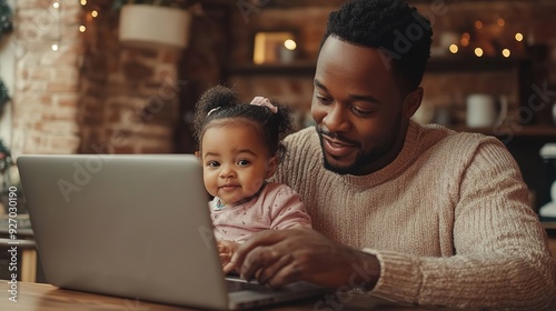 A father and his daughter are working on a laptop together. The little girl is looking at the screen with interest, while her dad types on the keyboard.