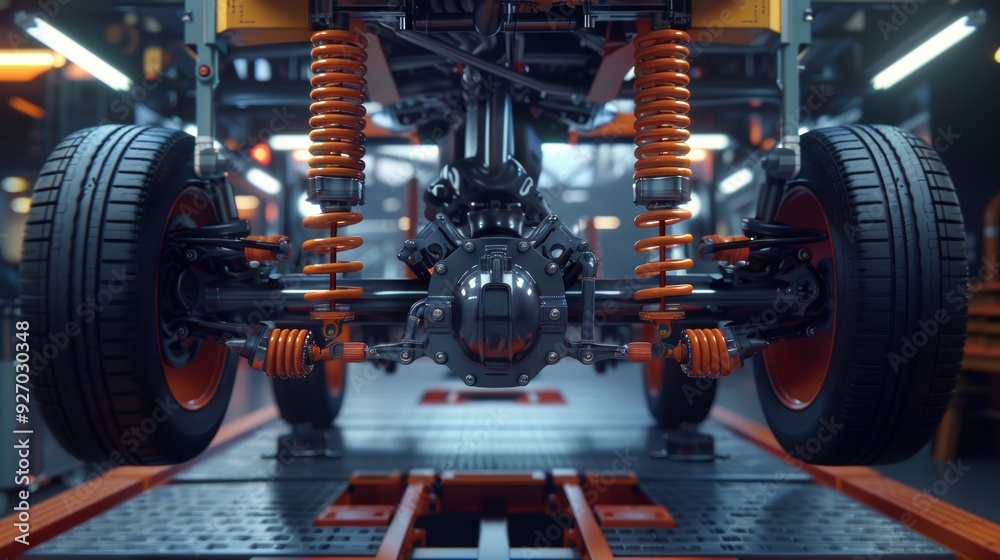 Fototapeta premium 3D Render of Car Suspension System Highlighting Shock Absorption and Stability Mechanism
