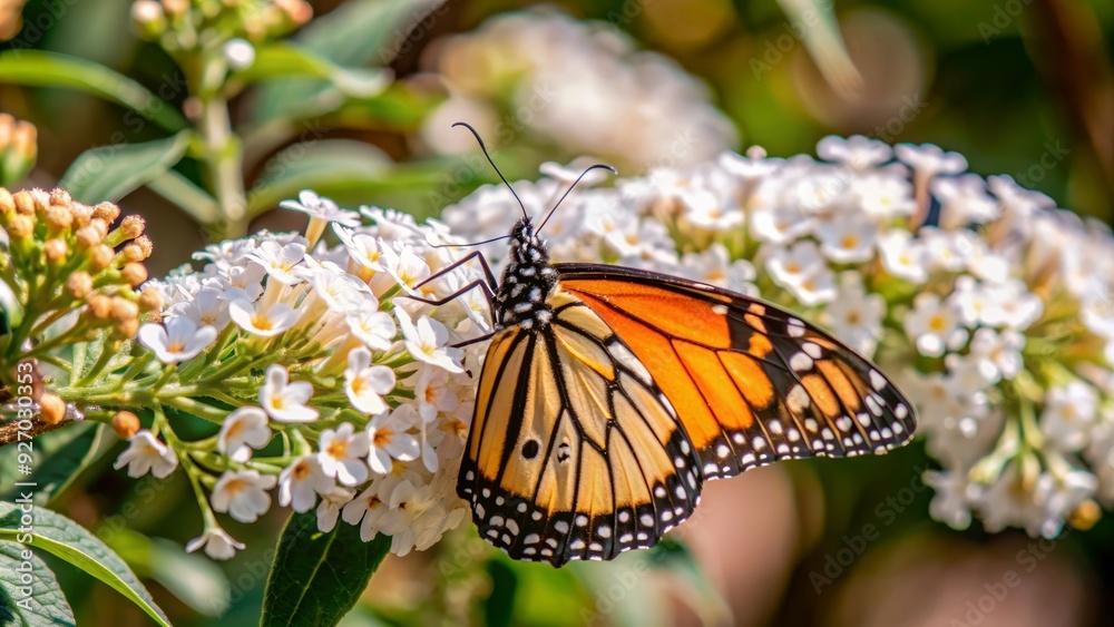 A monarch butterfly with its wings spread wide, perched on a branch of white flowers. This image symbolizes beauty, nature, fragility, life, and transformation.