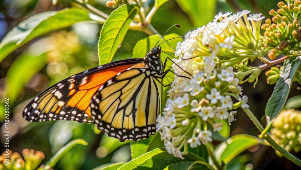 A monarch butterfly with orange, black, and white wings is feeding on white flowers. The butterfly is perched on a flower cluster and surrounded by green leaves. This image represents beauty, nature, 