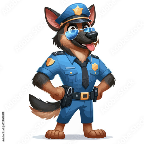 Funny shepherd dog character in blue police uniform standing on guard with paws on hips, cartoon vector illustration isolated on white background