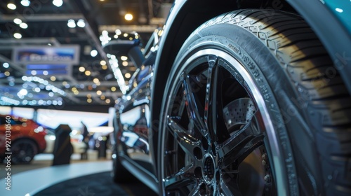 High Performance Tire Showcase at Auto Show - Detailed Tread and Sidewall Designs for Car Enthusiasts