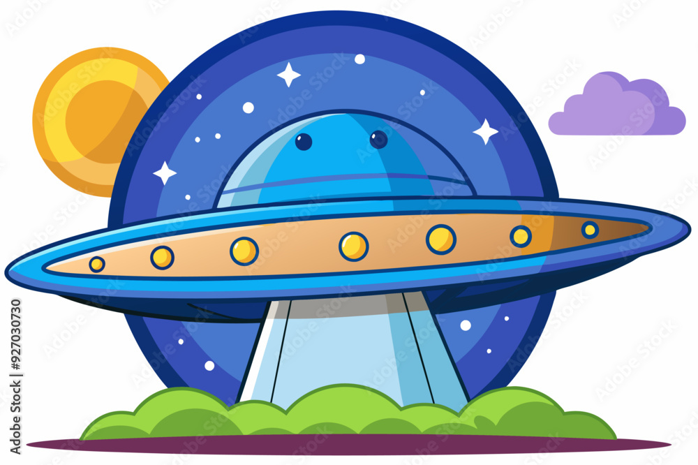 A Cartoon UFO Landing on a Green Field with a Sun and a Cloud in the Background