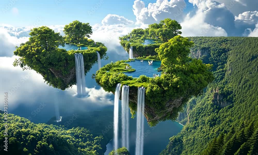 Enchanting floating islands with lush greenery and cascading waterfalls ...