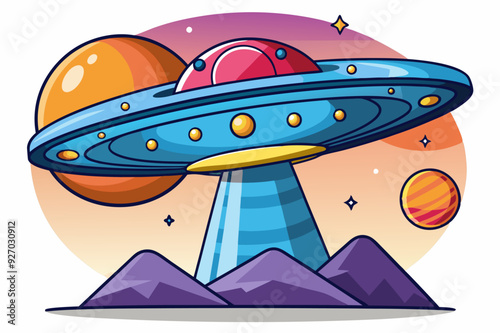 Cartoon illustration of a UFO hovering over a planet and mountain range.