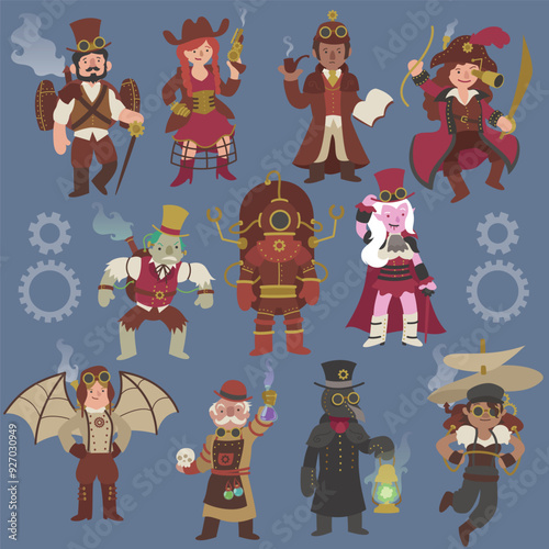 Colorful cartoon vector illustration of steampunk characters. Victorian old west pirates vampire monsters pilots scientists plague doctor. Fun steam clockwork inventions. Flat colors