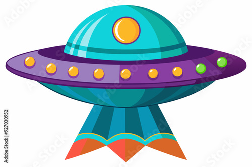 Cartoon illustration of a blue and purple flying saucer