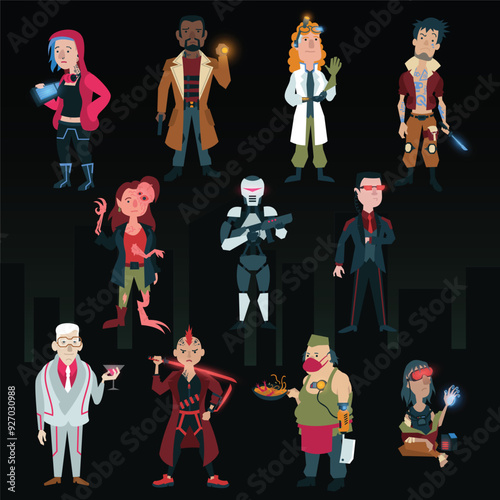 Cartoon vector illustration of dystopian cyberpunk characters. Sci-fi set hacker detective scientist gangster mutant robot agent millionaire samurai cook vr. Flat colors, dark background