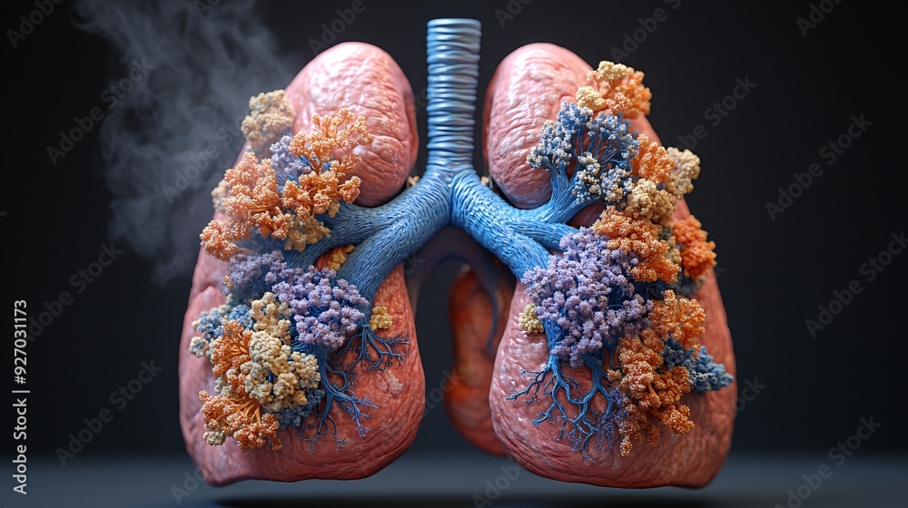 Naklejka premium 3D Lungs with Chronic Bronchitis: A high-quality model showing the chronic inflammation of the bronchial tubes in bronchitis.