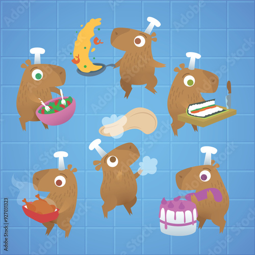 Funny cartoon illustration of capybara chefs. Cute animals cooking and baking. Salad paella sushi roasted chicken pizza cake. Flat colors, blue background