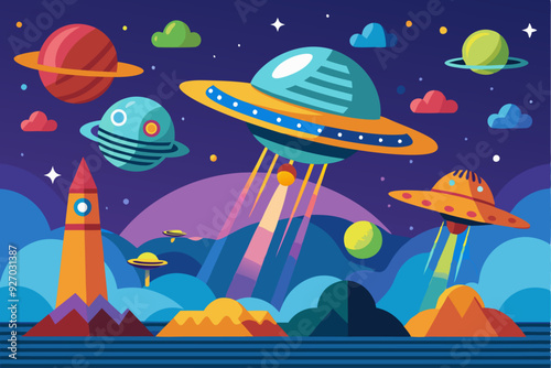 Space Scene with Flying Saucers, Planets, and a Rocket