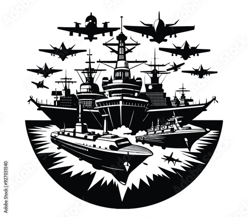 Ships  (e.g., Aircraft carriers, destroyers) Vector Art Illustration.