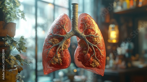 3D Human Lungs with Tuberculosis: A realistic depiction of lungs affected by tuberculosis, showing granulomas and tissue damage. photo