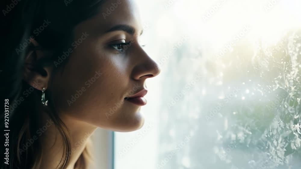 Young woman contemplating through frozen window in thought Young woman contemplating through frozen window in thought