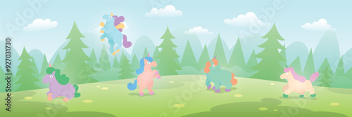 Colorful cartoon vector illustration of unicorns at enchanted forest field. Cute beautiful fantasy horse ponies with horns. Flat pastel colors