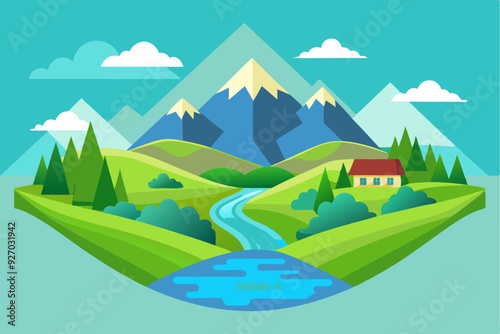 A Mountainous Landscape with a River, a House, and Trees