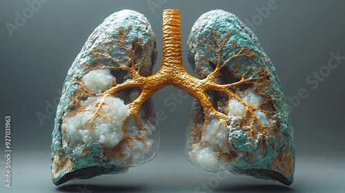 3D Human Lungs with Cystic Fibrosis: A realistic depiction of lungs affected by cystic fibrosis, with mucus buildup in the airways.