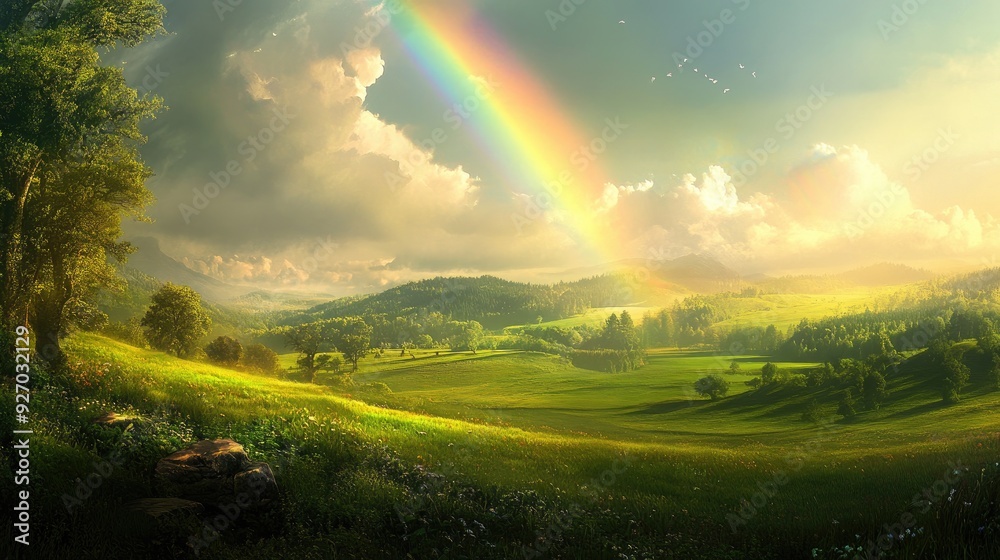 Obraz premium A tranquil landscape with a brilliant rainbow, arching over fields of green, creating a serene and colorful environment full of natural beauty.