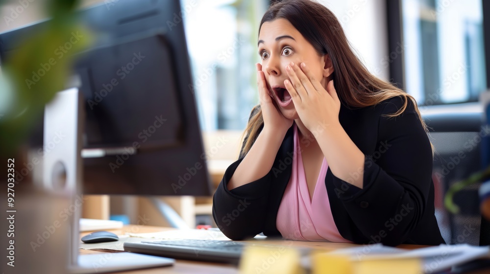 Shocked Businesswoman Reacting to Unexpected News on Computer in Office Shocked Businesswoman Reacting to Unexpected News on Computer in Office