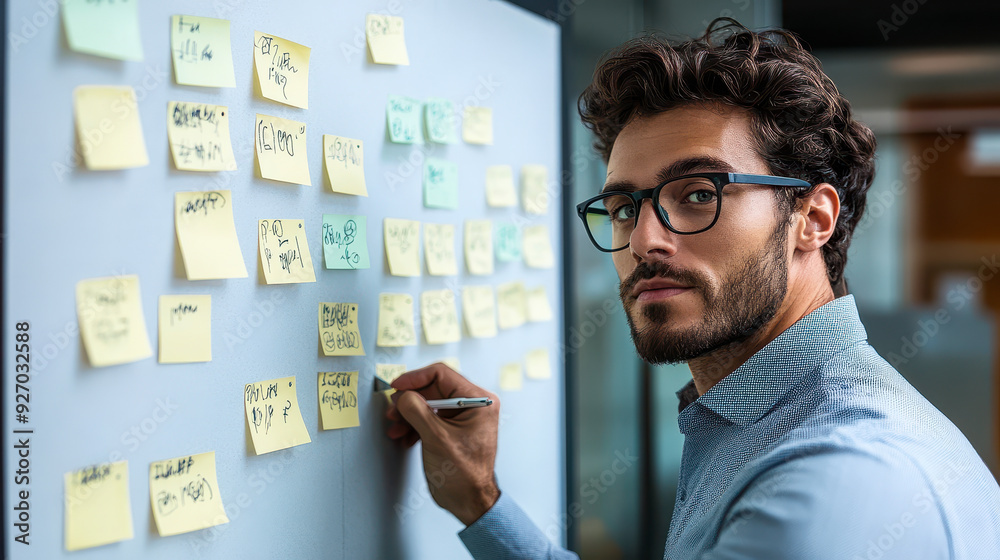 Focused Businessman Analyzing Adhesive Notes on Board in Office Setting, Concept of Strategic Planning and Brainstorming, Professional, Organized, and Thoughtful Work Environment Focused Businessman Analyzing Adhesive Notes on Board in Office Setting, Concept of Strategic Planning and Brainstorming, Professional, Organized, and Thoughtful Work Environment
