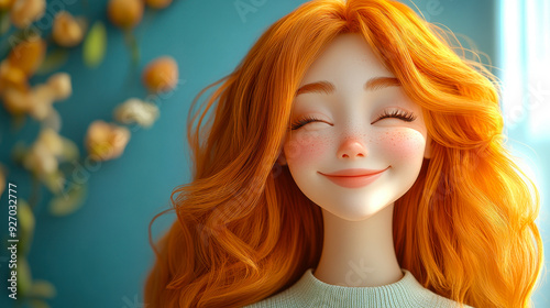 Joyful Ginger-Haired Woman Cartoon Character with Radiant Smile in 3D Style - Happy Emotional Expression Design for Lifestyle and People Concepts