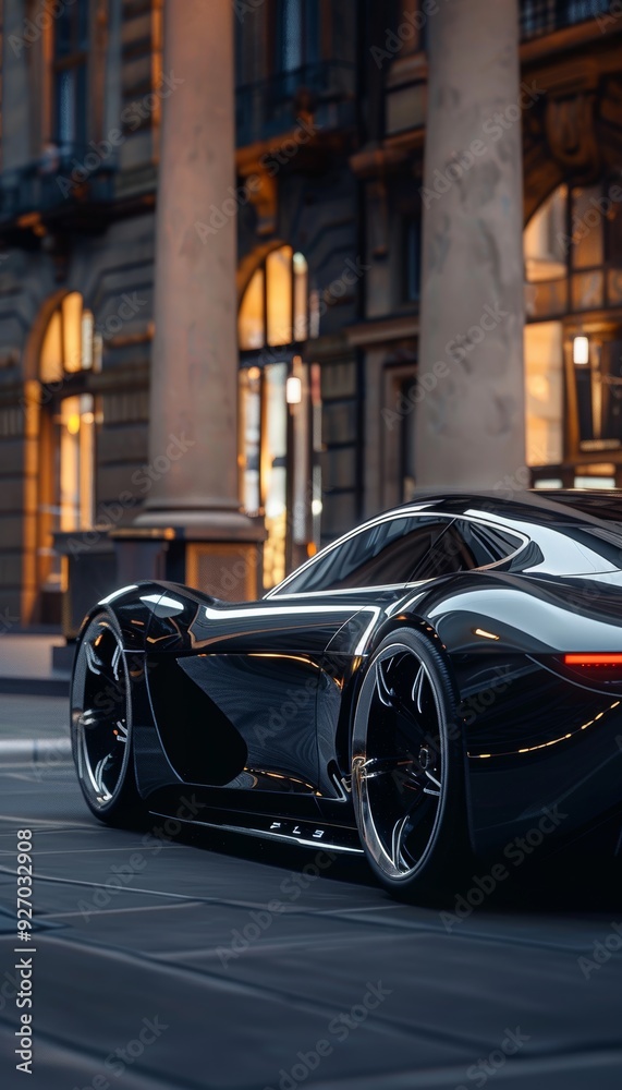 Sleek Black Luxury Electric Sports Car in Chic Urban Setting for Print, Card, Poster Design Sleek Black Luxury Electric Sports Car in Chic Urban Setting for Print, Card, Poster Design