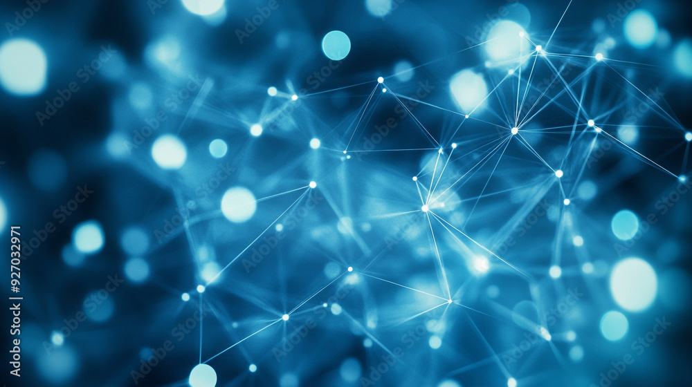 Abstract blue network with interconnected nodes and lights on a dark background Abstract blue network with interconnected nodes and lights on a dark background