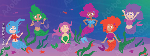 Cute cartoon vector illustration of colorful mermaids. Beautiful fun fantasy girl characters swimming underwater. Hair floating. Seafloor background. Flat colors