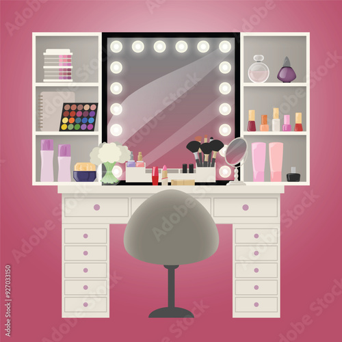 Vector illustration of aesthetic makeup vanity. Ideal dream organized cosmetics desk. Mirrors and colorful beauty products brushes lipstick creams. Cute pretty girly pink. Flat colors