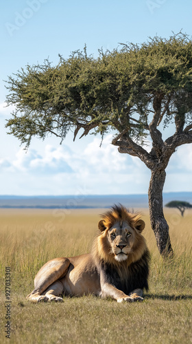 lion in the savanna african wildlife landscape.