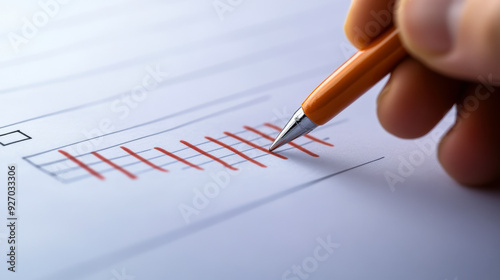 Hand Marking Checklist with Red Pen, Completing Task List, Close-Up on Office Productivity and Time Management Concept, Detail Oriented Workflow photo