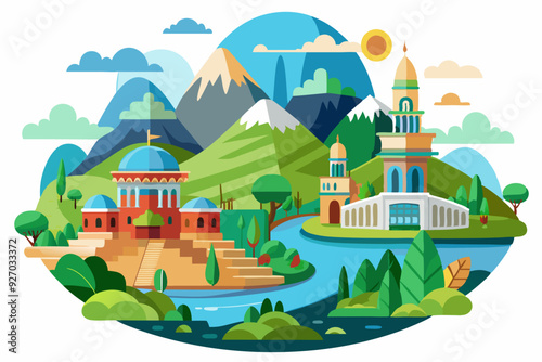 A Pictorial Representation of a Cityscape With Mountains and a River
