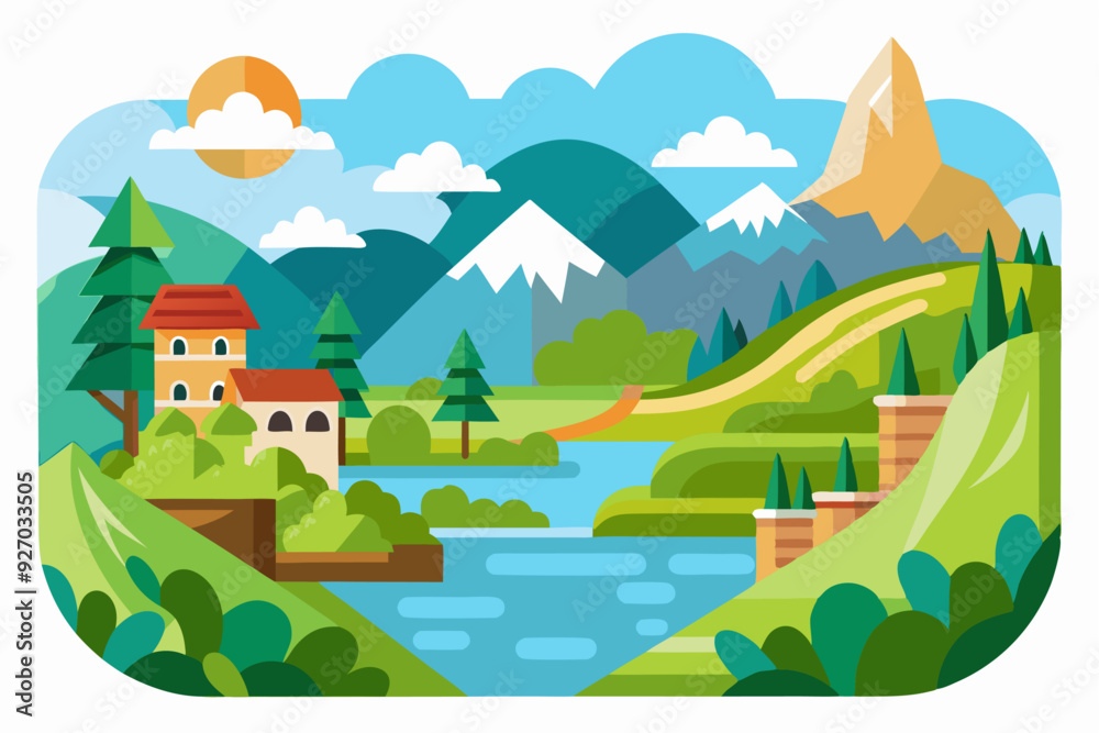 Fototapeta premium A Small House with a Mountainous View and Winding River