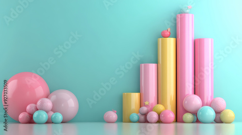 A pastel-colored 3D bar graph with decorative spheres and stars, creating a playful and modern visual representation of data or growth.