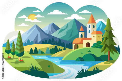 A picturesque landscape with a castle nestled in the mountains