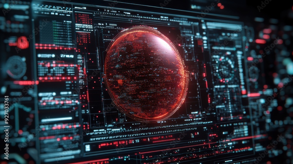 Obraz premium A high-tech data interface showcasing a radiant red core, encircled by complex digital displays and analytics, representing advanced technology and data processing.