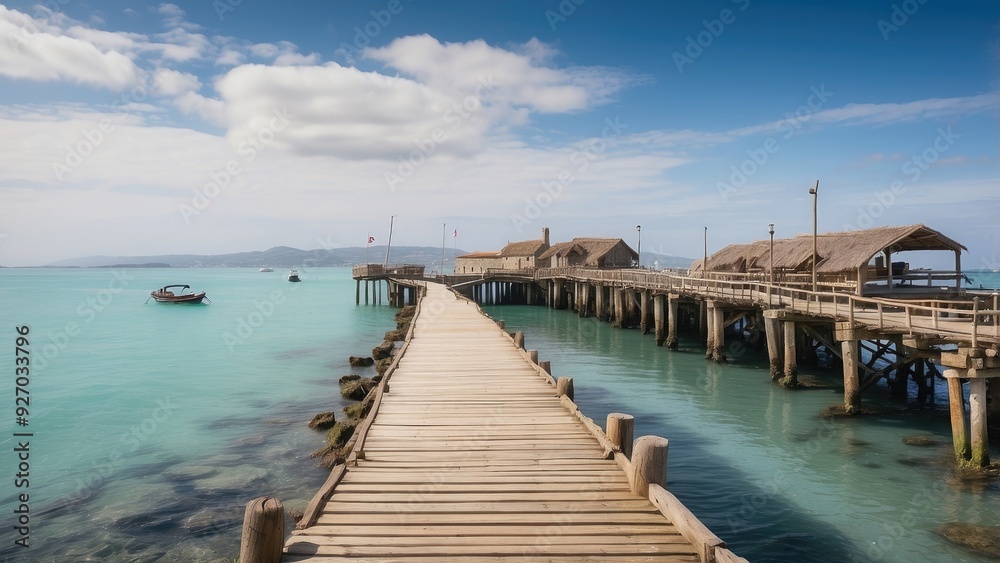 Traditional wooden pier stretching out into a calm sea, boats moored alongside.- Traditional wooden pier stretching out into a calm sea, boats moored alongside.-