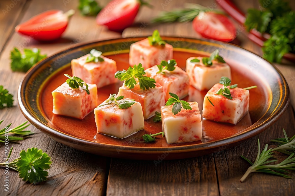 Lobster meat cubes on a vibrant coral pink plate, surrounded by fresh herbs, with a shallow depth of field, warm golden light, and playful atmosphere. Lobster meat cubes on a vibrant coral pink plate, surrounded by fresh herbs, with a shallow depth of field, warm golden light, and playful atmosphere.