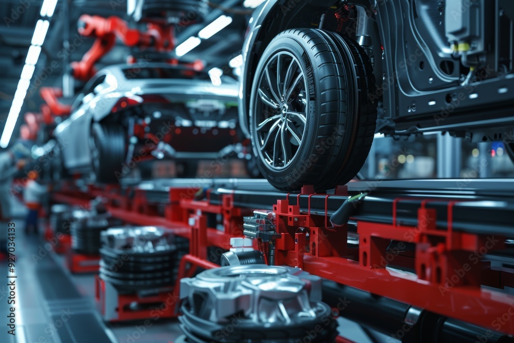 Fototapeta premium Automated Car Assembly Line with Robotic Arm Installing Tires in Modern Factory Setting