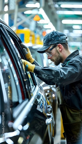 Engineer Installing Car Windows on Assembly Line in Modern Factory for Automotive Manufacturing photo