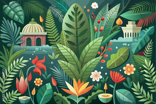 Lush Tropical Garden with Architectural Structures