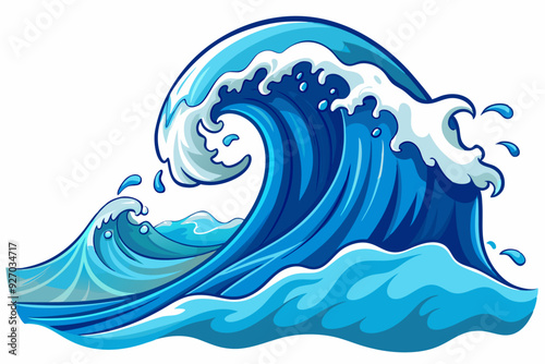 Cartoon illustration of a large, blue ocean wave with white foam cresting