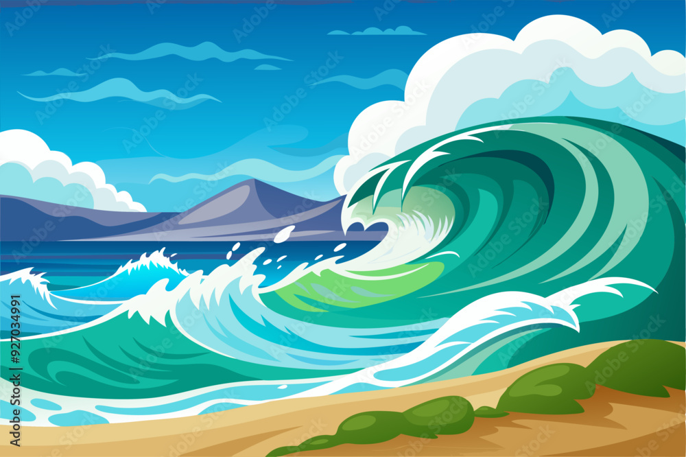 A Large Green Wave Breaks On A Sandy Shore A Large Green Wave Breaks On A Sandy Shore