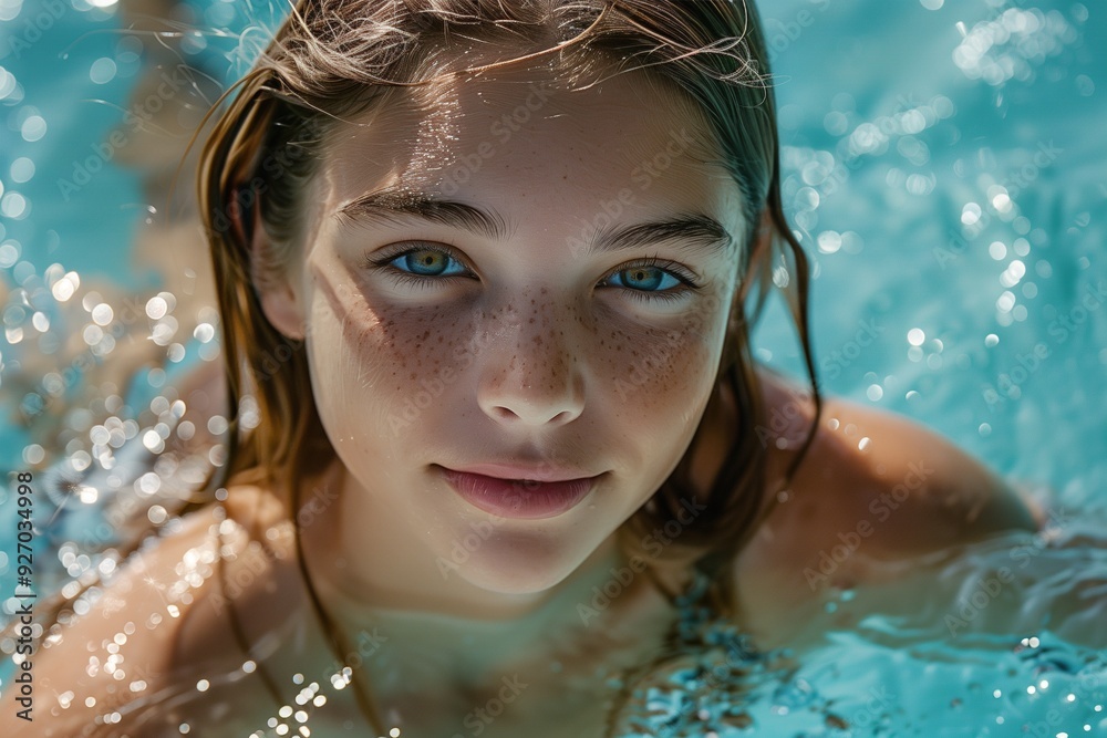 Closeup portrait of a young woman with freckles, wet hair, and blue eyes looking at the camera while swimming in a pool. Closeup portrait of a young woman with freckles, wet hair, and blue eyes looking at the camera while swimming in a pool.
