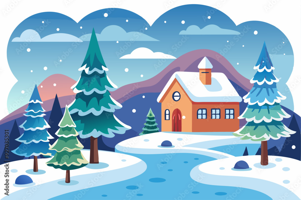 Fototapeta premium Snowy Winter Landscape with a Cozy House and Winding River