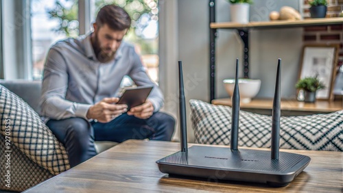 modern dual band wireless router man working