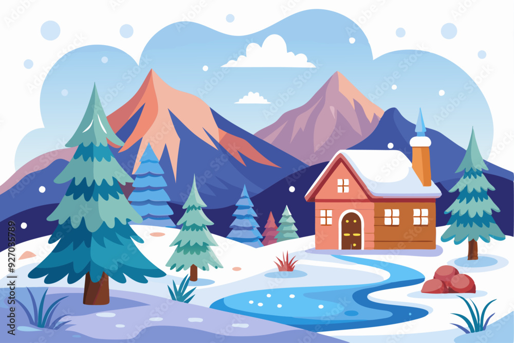 Fototapeta premium Snowy Mountain Landscape with a Cabin and Frozen River